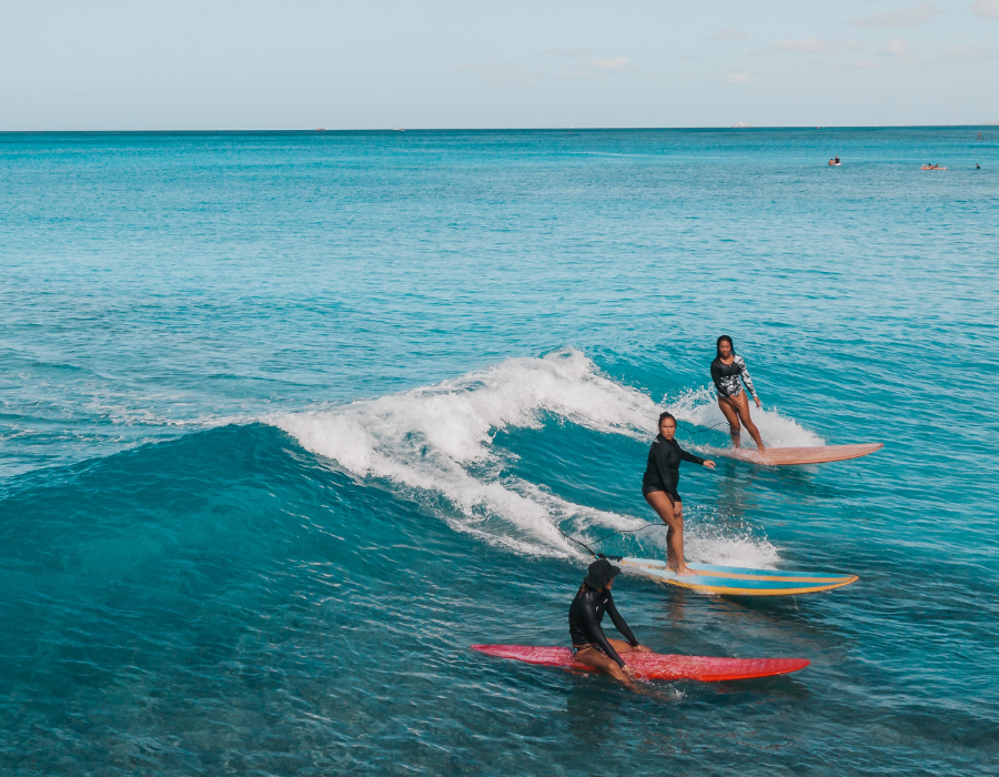 Longboard surfers on the warm south coast of Sri Lanka in December