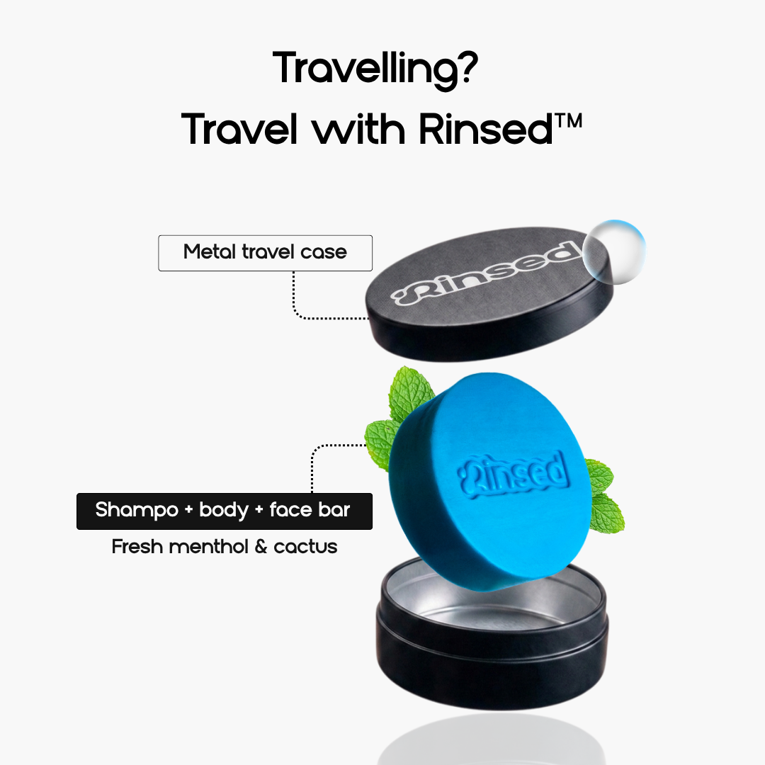 Minty Cactus 3-in-1 bar between the lid and base of the black Rinsed™ metal travel case