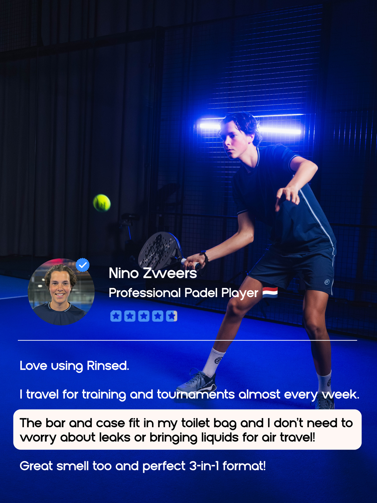 Professional padel player sharing his review of the Rinsed 3-in-1 bar