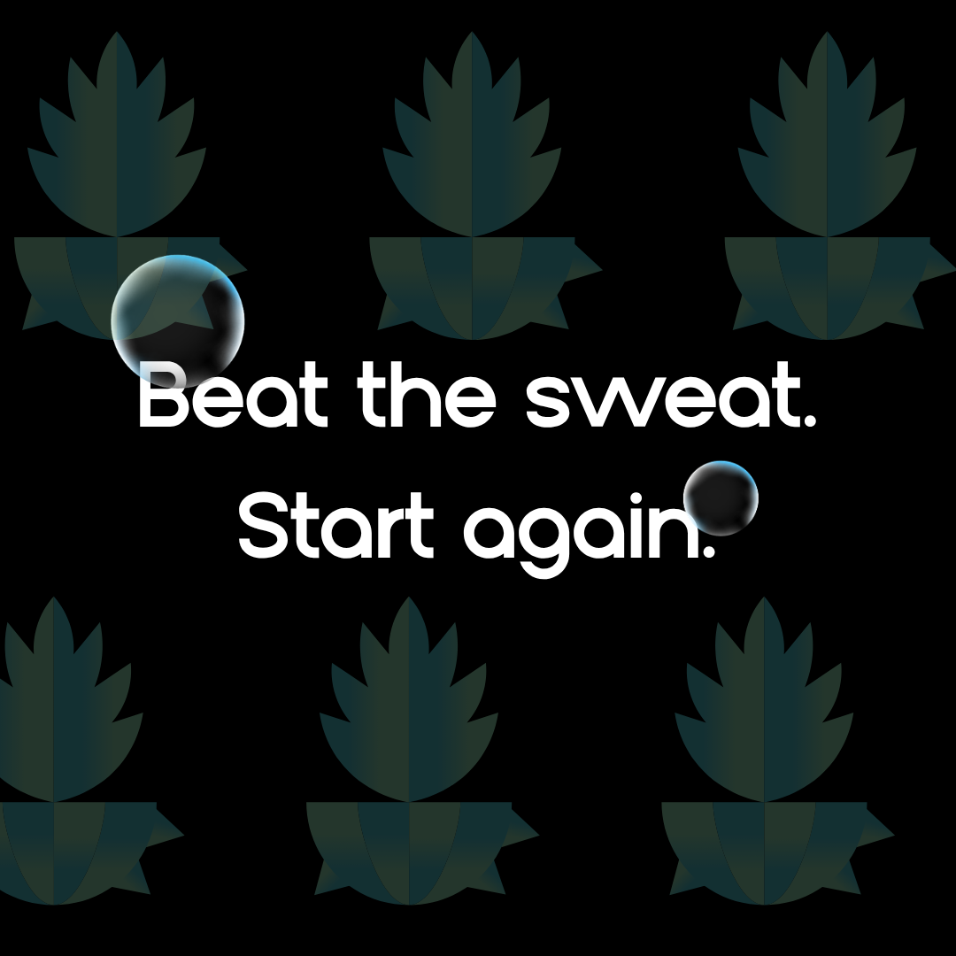 Rinsed™ slogan on a dark cactus pattern: Beat the sweat. Start again.