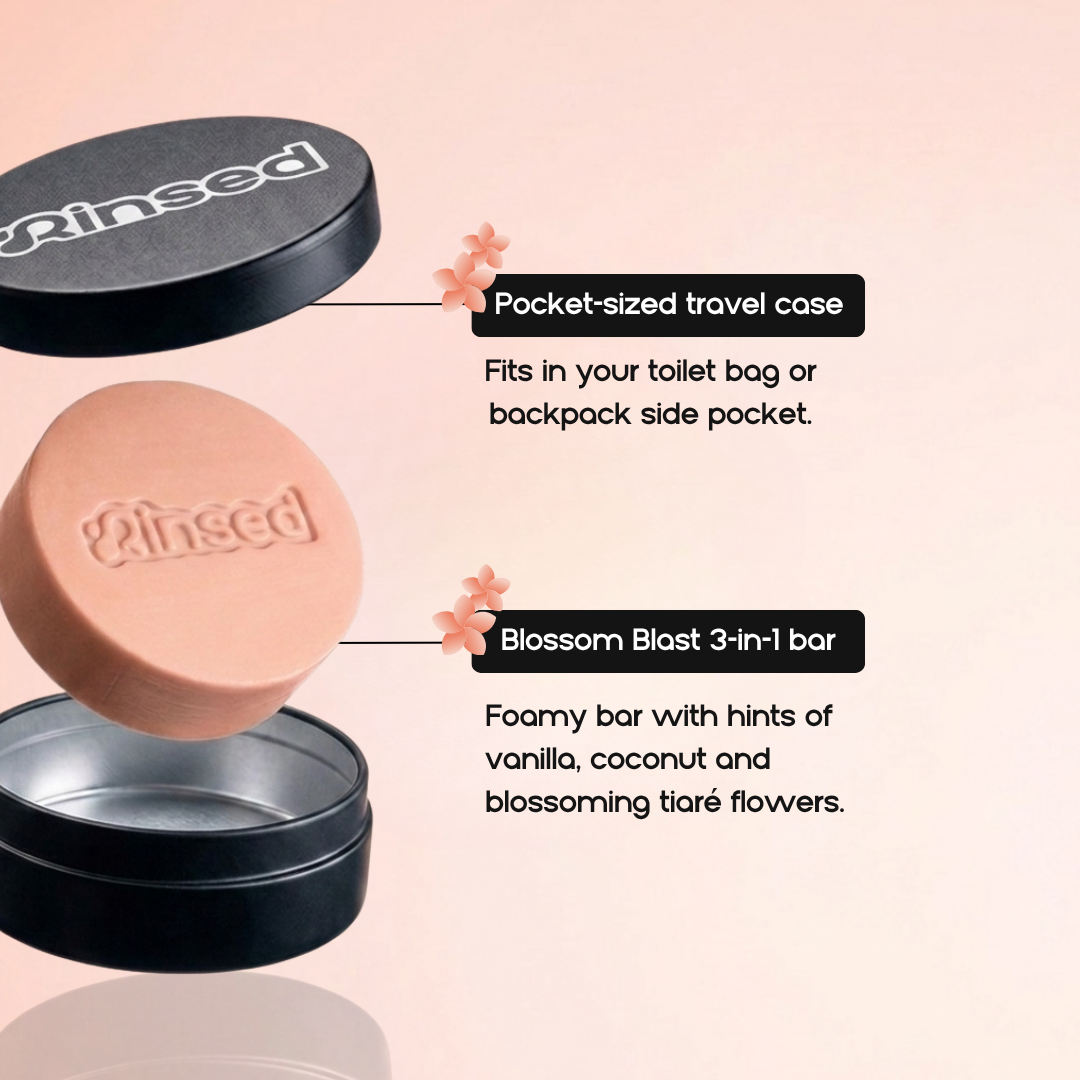 Pink Blossom Blast 3-in-1 bar between the lid and base of the black Rinsed™ metal travel case