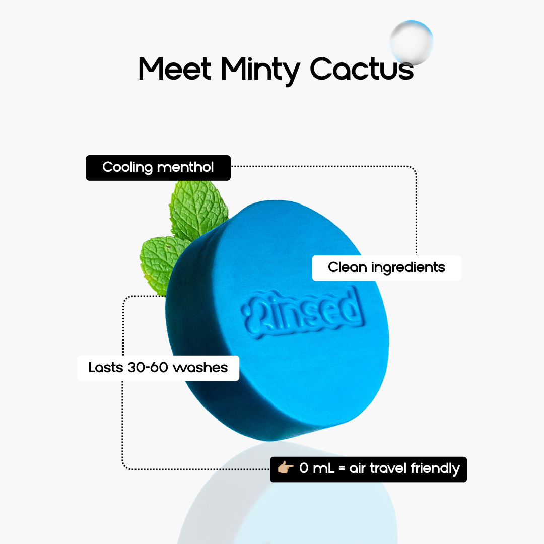 Meet Minty Cactus: blue Rinsed™ 3-in-1 bar with labels for cooling menthol, clean ingredients, 30 to 60 washes and 0 ml for air travel