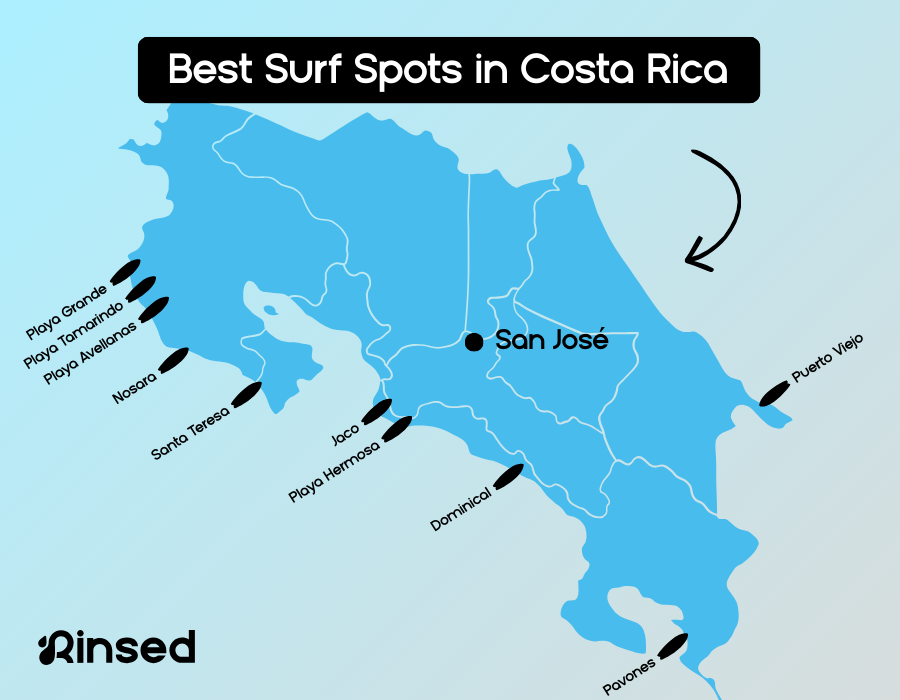 Map of the best surf spots in Costa Rica