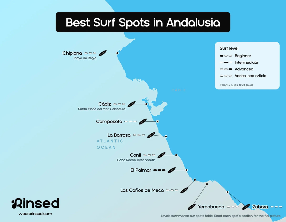 Map of the best surf spots in Andalusia: Chipiona, Cádiz, Camposoto, La Barrosa, Conil, El Palmar, Los Caños de Meca, Yerbabuena and Zahara, with the surf level each spot suits, from beginner to advanced
