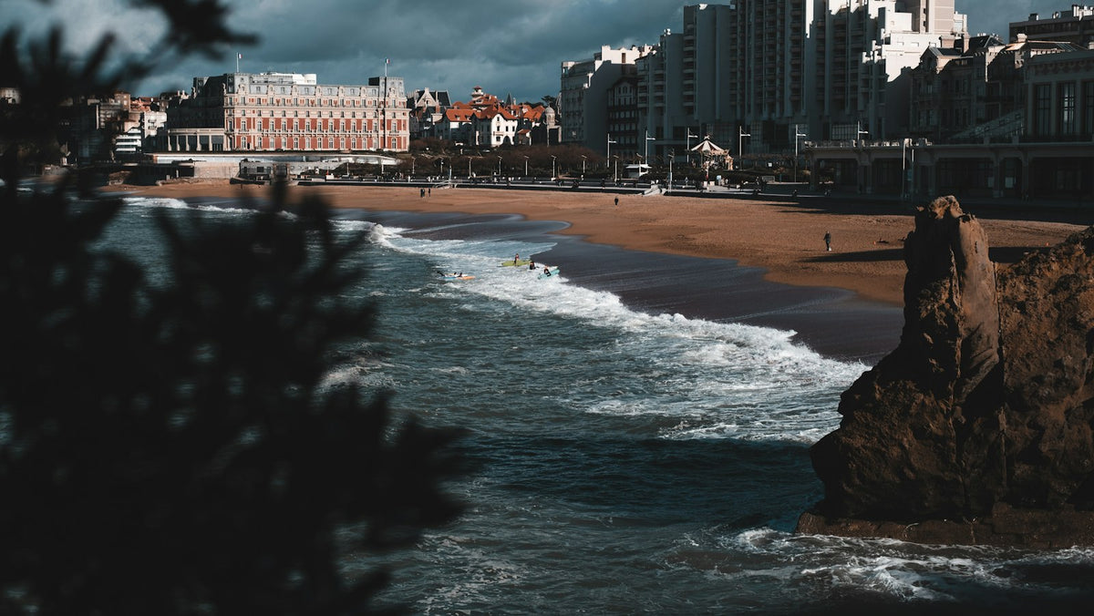 La Grande Plage in Biarritz, France, with the seafront buildings behind the beach