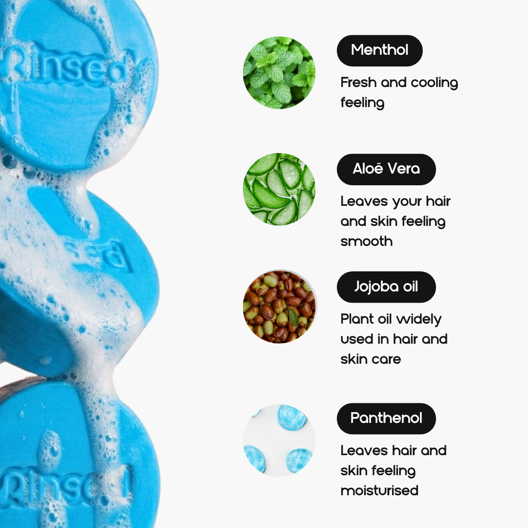 Minty Cactus ingredients: menthol, aloe vera, jojoba oil and panthenol next to foamy blue Rinsed™ bars
