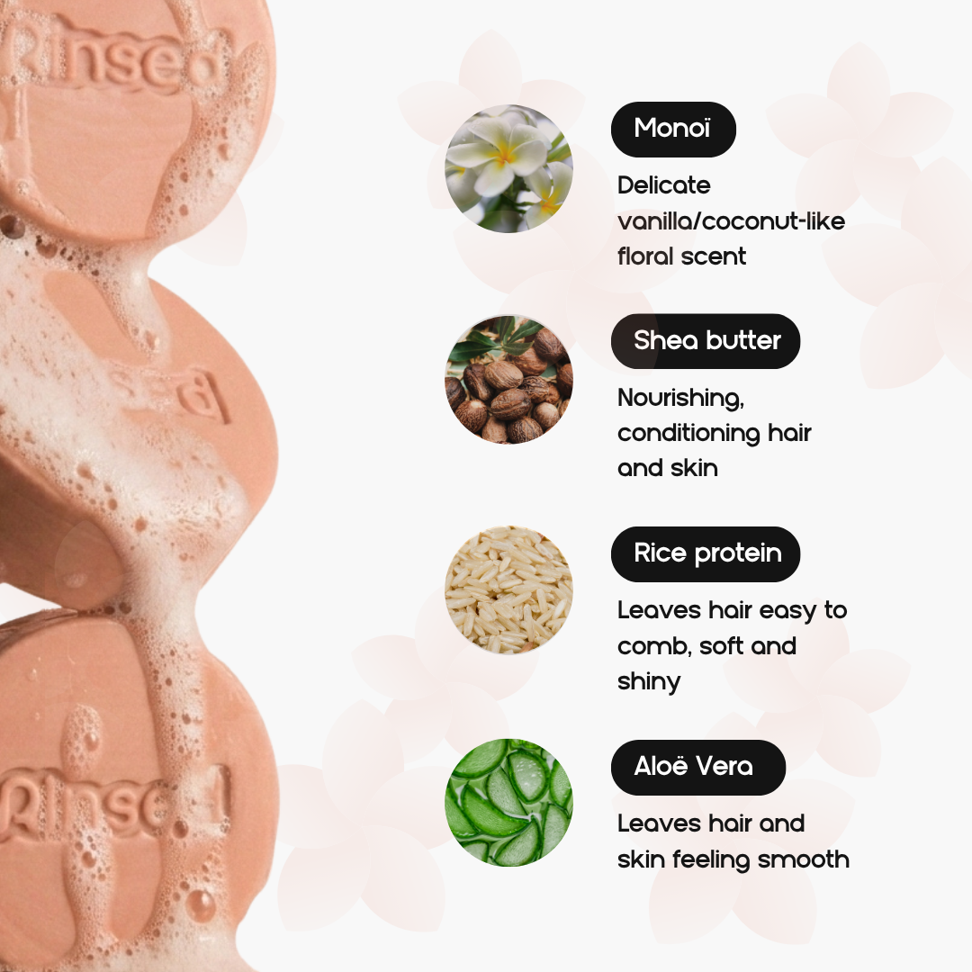 Blossom Blast ingredients: monoï, shea butter, rice protein and aloe vera next to foamy pink Rinsed™ bars