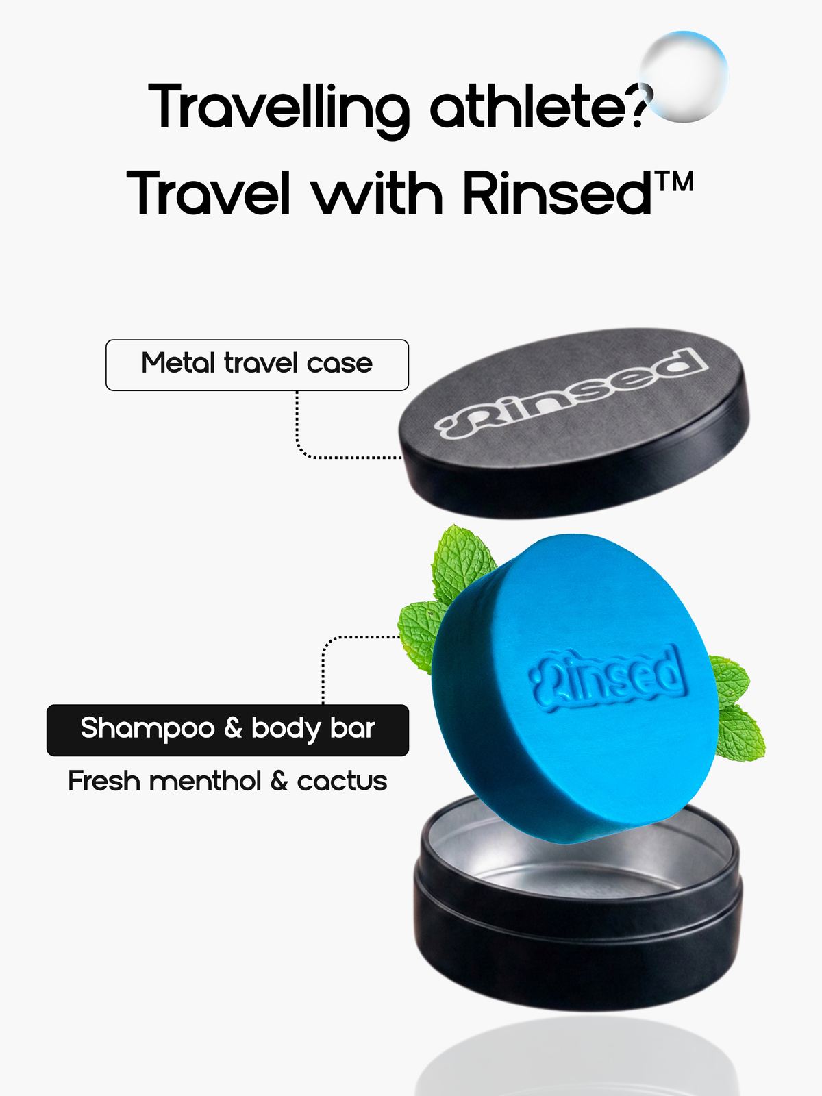 Minty Cactus Stück in der Rinsed Reisedose, Shampoo und Duschgel in einem für reisende Sportler