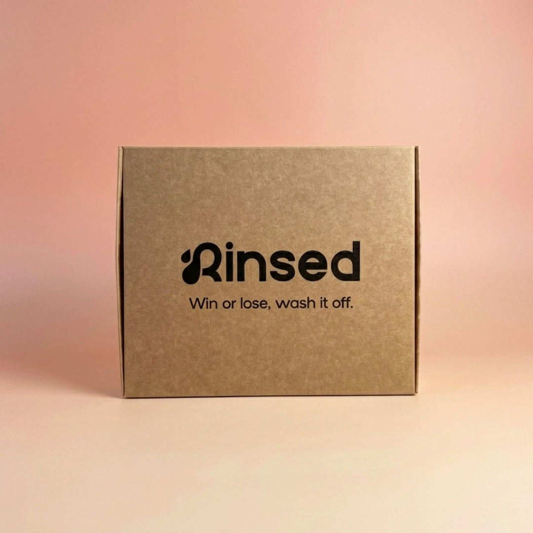 Closed kraft Rinsed™ gift box with the line Win or lose, wash it off, on a pink background